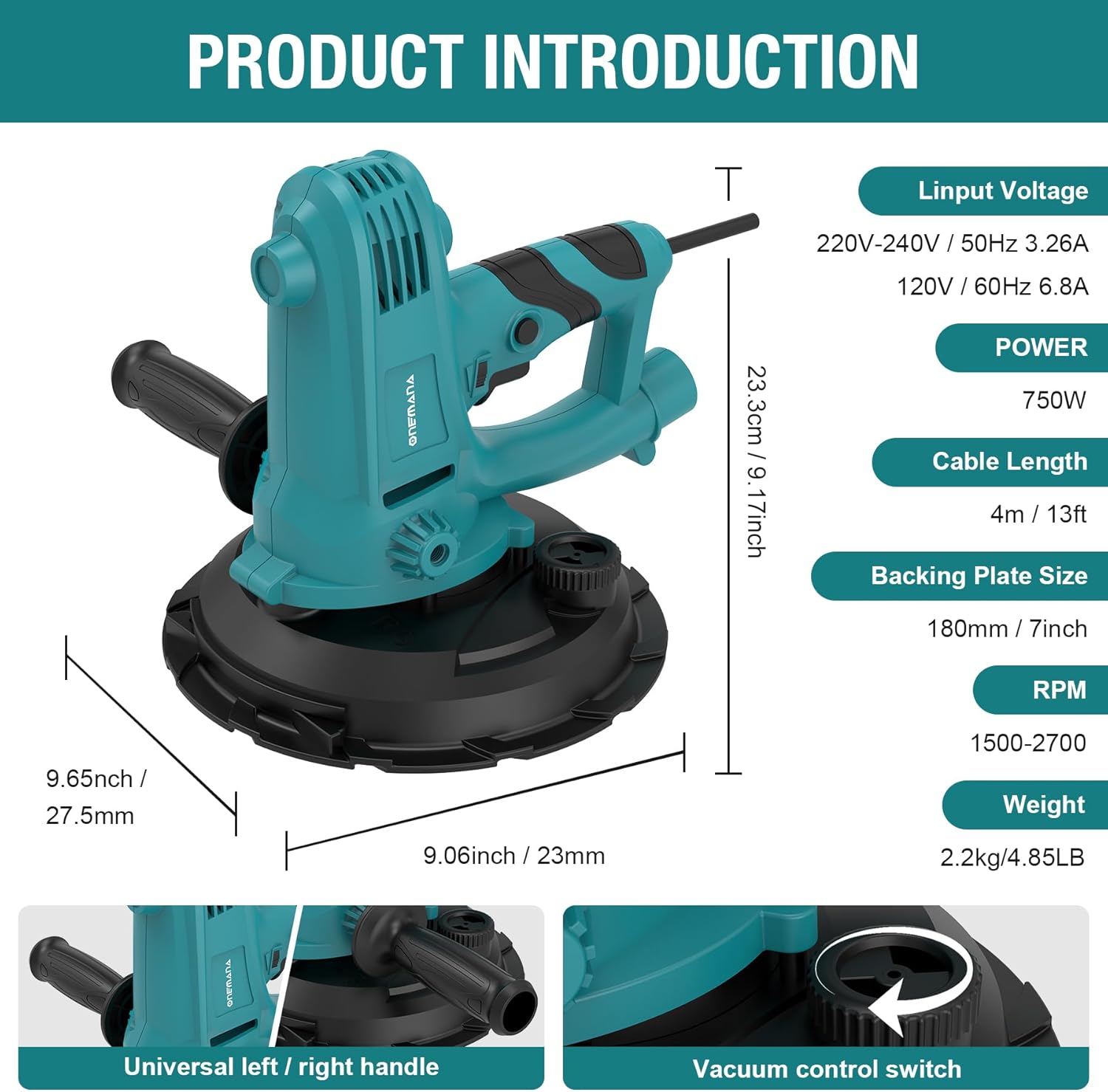Drywall Sander, 750W Electric Drywall Sander with Vacuum Dust Collection, Variable Speed 1500–2700 RPM Wall Sander with 180mm Sanding Disc & Complete Accessories