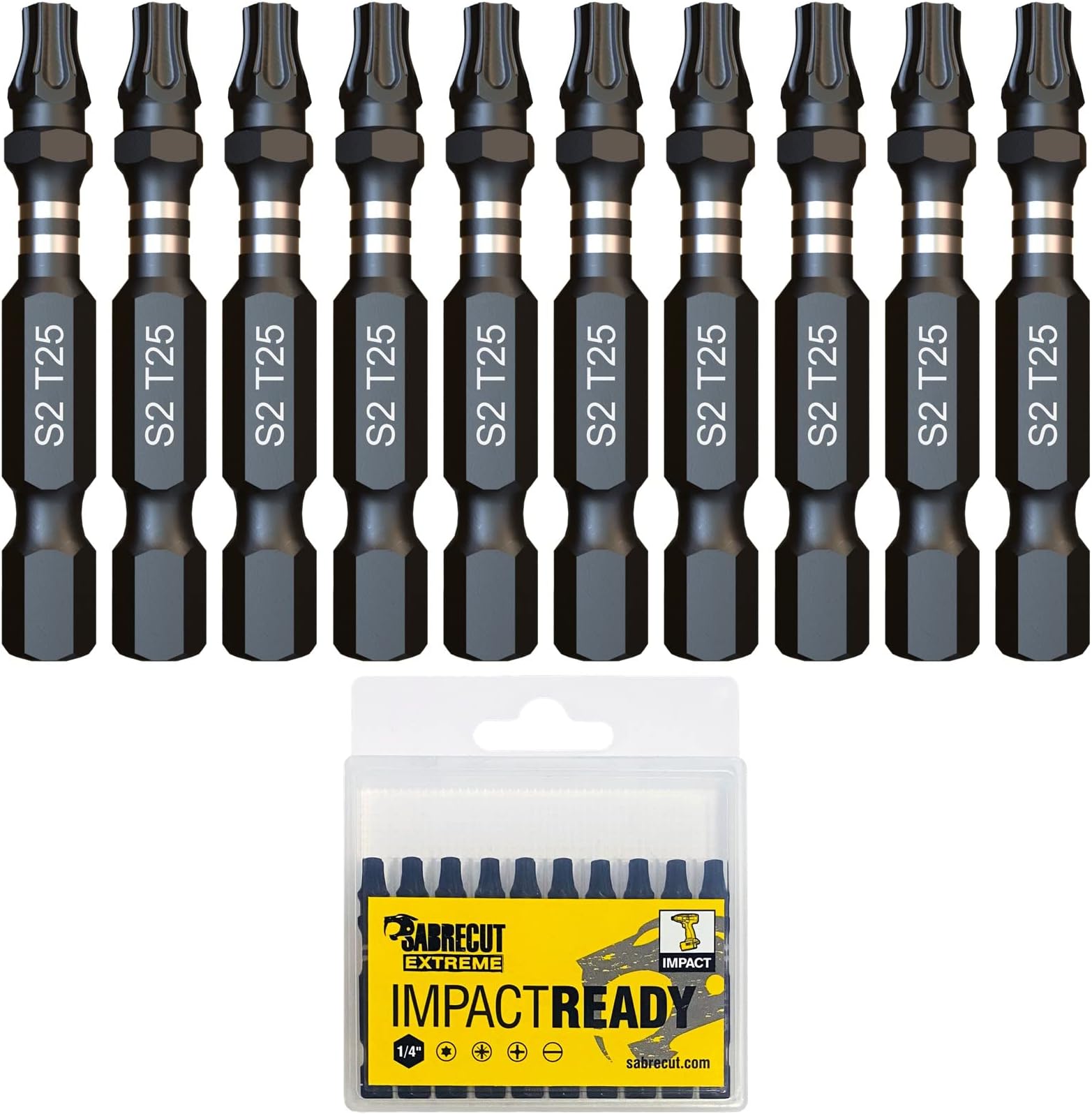 – 10 x SabreCut SCTX2550_10 50mm TX25 T25 Impact Screwdriver Driver Bits Set Single Ended Torx Heavy Duty Including Storage Box