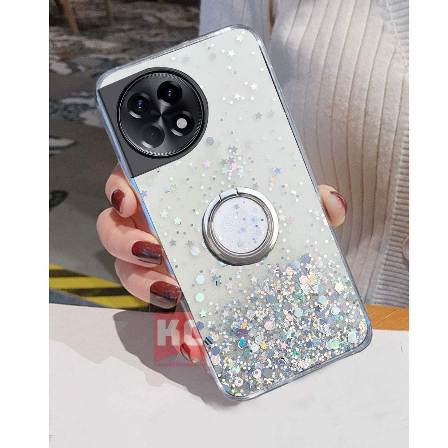 KC Back Cover for Oneplus 11R 5G, Dry Fixed Non Moving Glitter Bling Shining Sparkling Ring Holder Stand Glitter Stars Soft Silicone Transparent Case (Transparent)