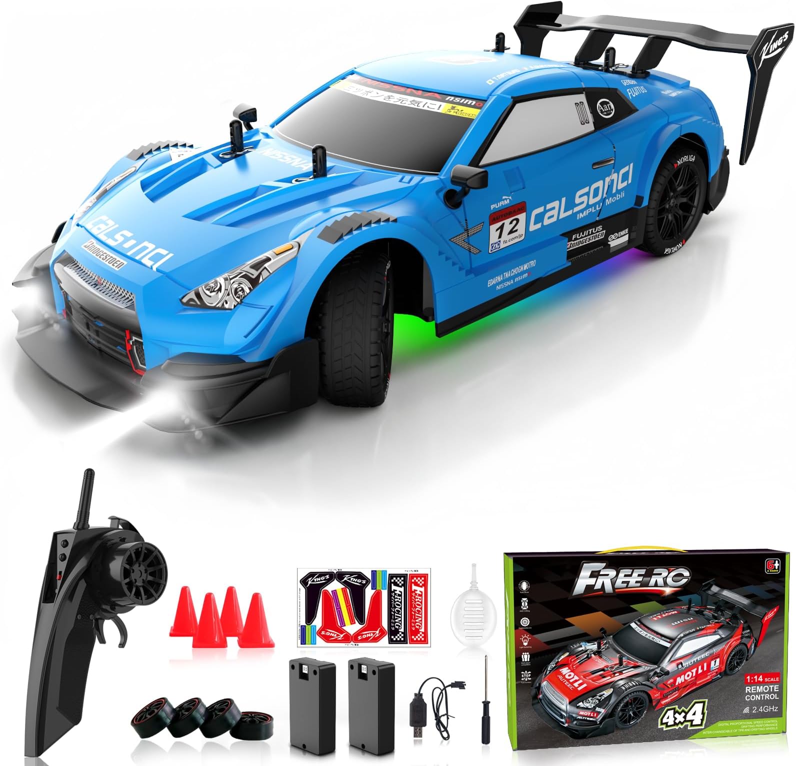 Remote Control Car RC Drift Car 1:16 Scale 4WD RC Vehicle with LED Lights 2.4GHz 30km/h RTR High Speed Racing Sport Toy for Adults Boys Girls Kids Gift 2Pcs Rechargeable Battery