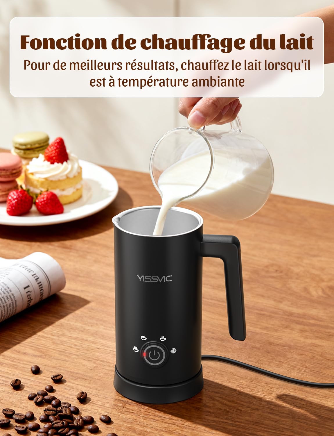 YISSVIC Mousseur à lait électrique Électrique Automatique 4 en 1 Électrique Automatique 500 W avec commande en un clic pour intérieur en acier inoxydable et revêtement antiadhésif