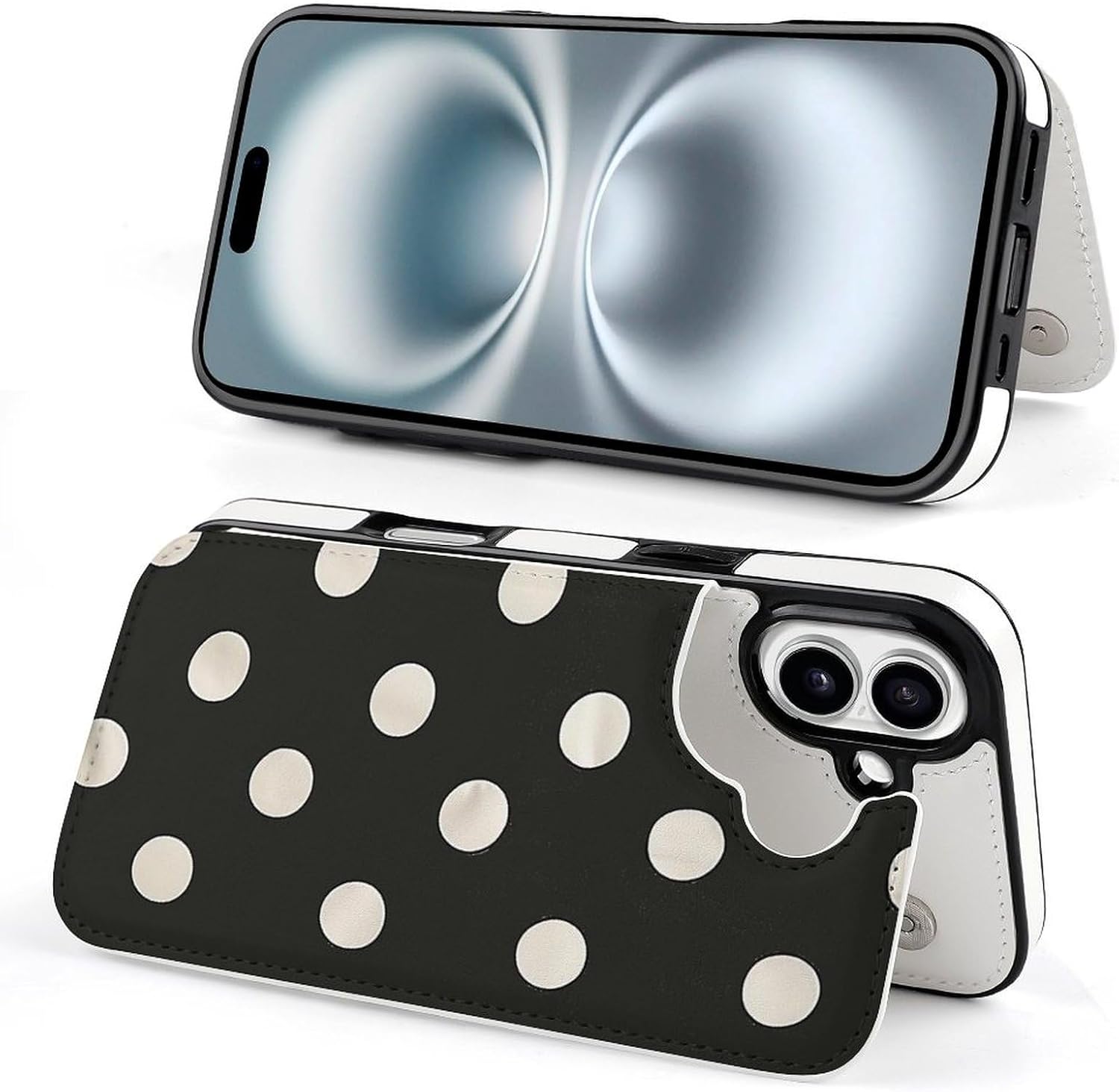 Black and White Polka Dot Print Wallet Case for iPhone 16 Plus - PU Leather Flip Shockproof Wallet Phone Cases Cover with Card Slots, Kickstand, Magnetic Clasp Closed