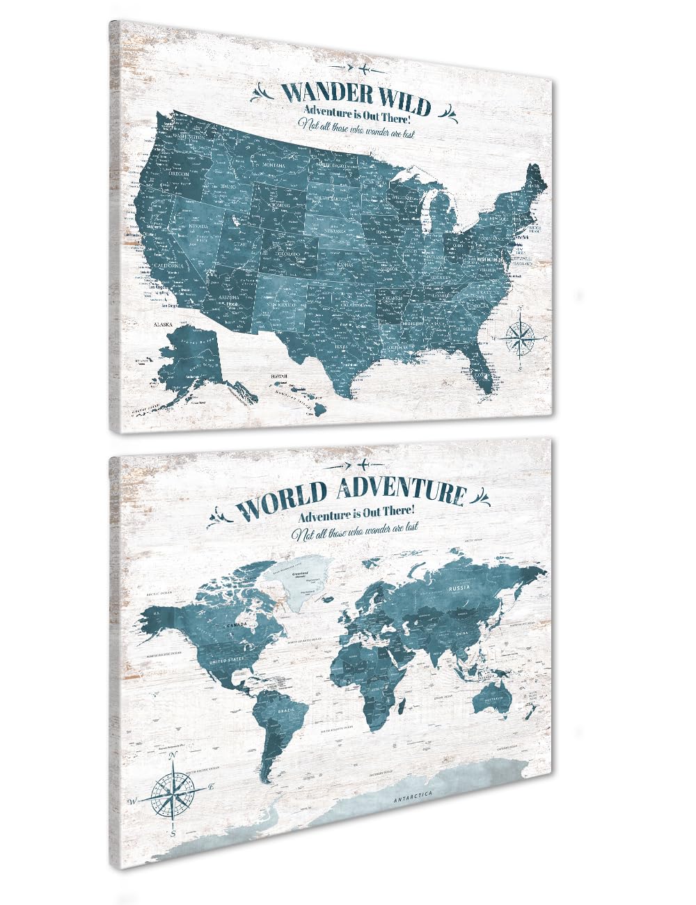 IPIC Vintage Teal World Maps for Wall, World Map Canvas, Size 30x24 in