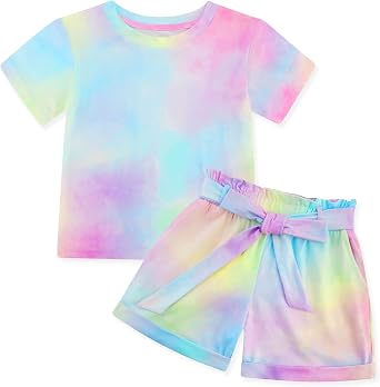 Girls Clothes Two Piece Tie Dye Summer Vacation Outfits Clothing Shirt and Shorts Matching Sets for Girls 4-13 Years