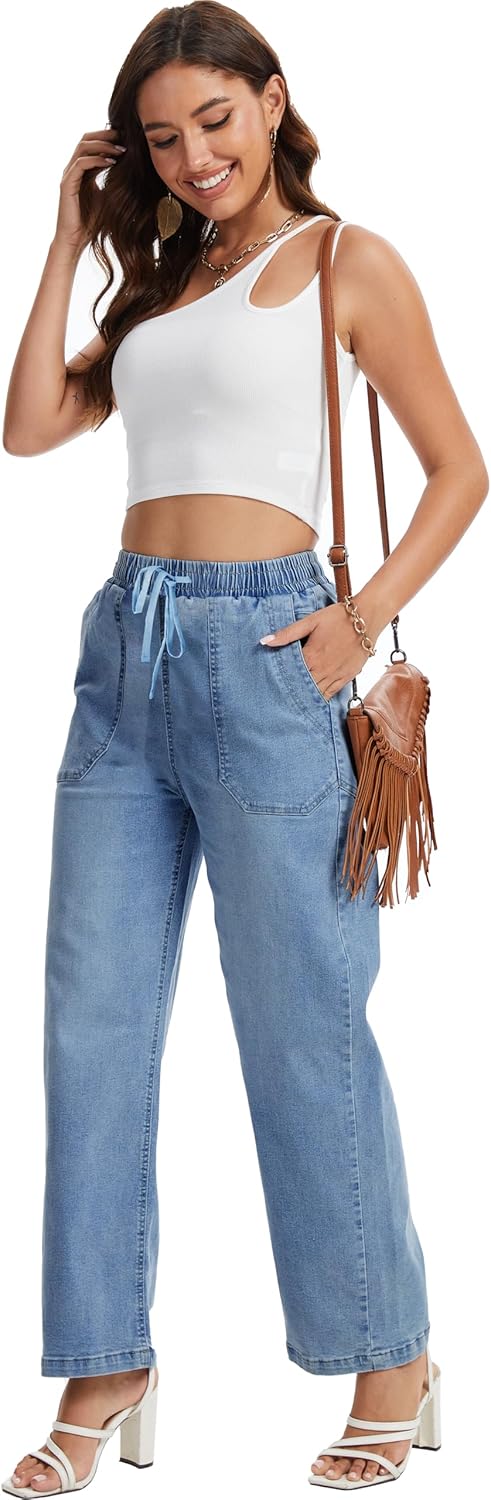HVEPUO Women Wide Leg Jeans Stretchy Baggy High Waisted Denim Pants Pull On Straight Leg Casual Drawstring Trousers Fall 2025 - Image 5