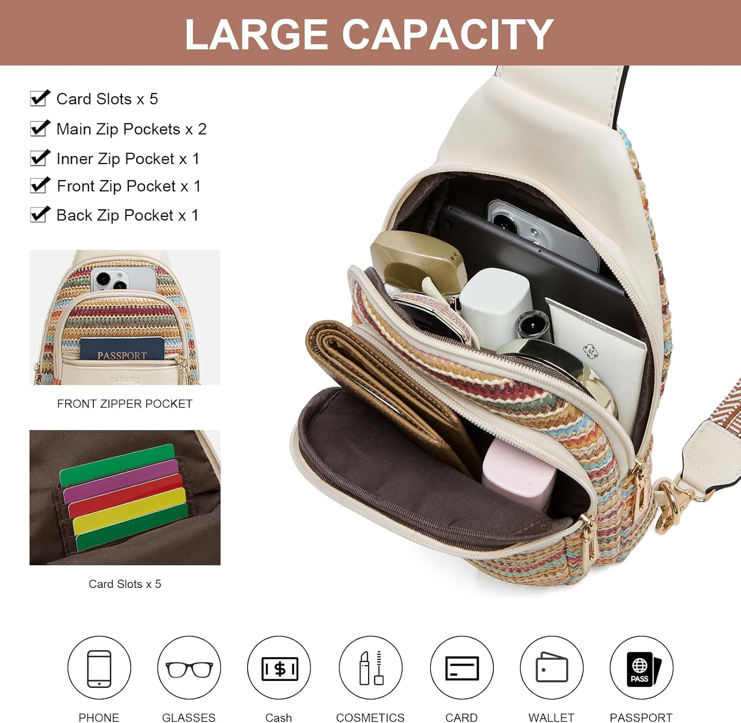 cakang Womens Sling Bag Crossbody Bags for Women Vegan Leather Sling Backpack Daypack Fanny Pack Crossbody Purse Travel