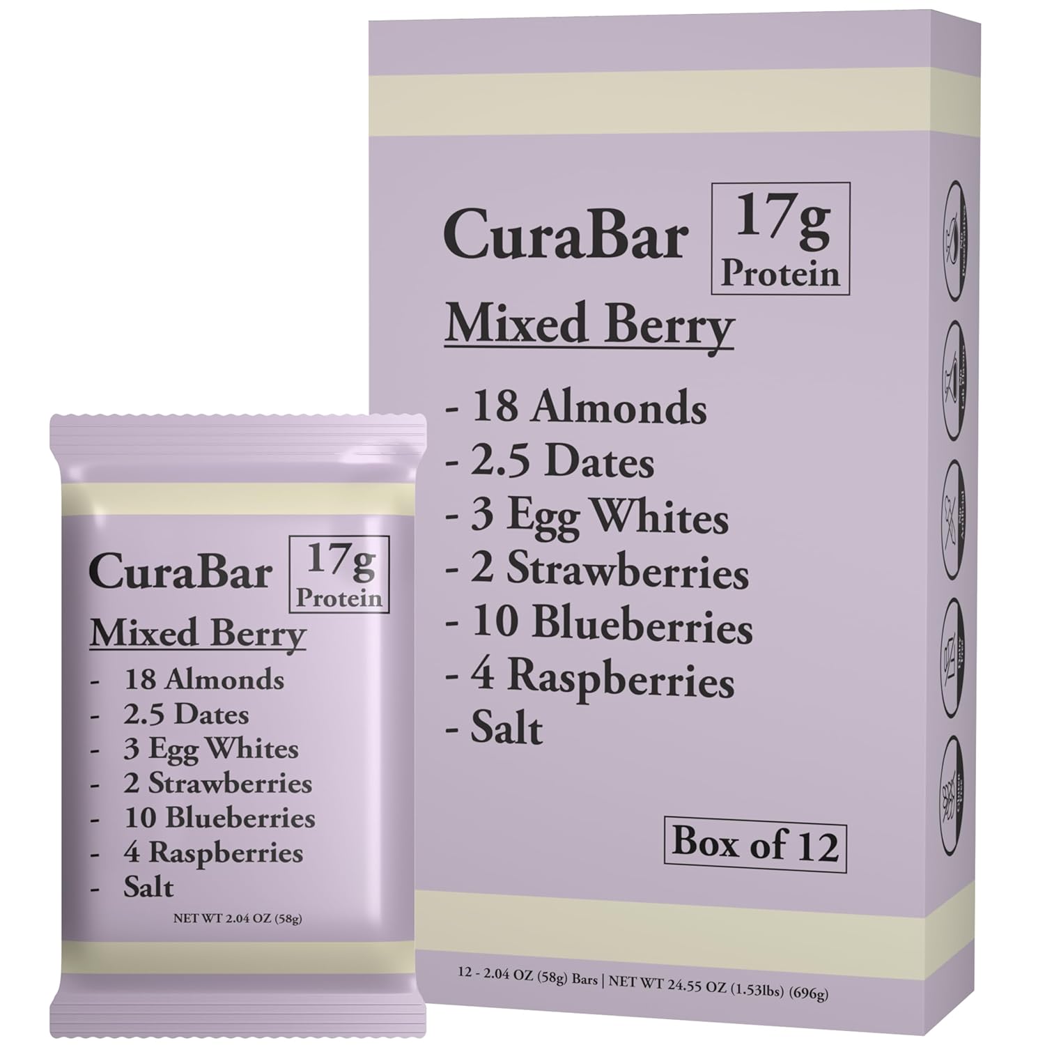CuraBar Protein Bars – 17g Protein, Low Carb, Gluten Free, Dairy Free, Healthy Snack, Seed Oil Free, No Artificial Ingredients, 12 Count, Mixed Berry