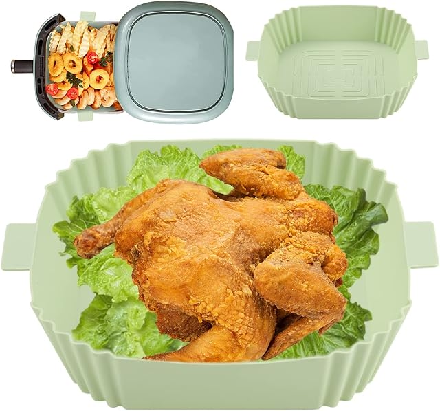2Pcs Silicone Air Fryer Liners 7.7inch Reusable Air Fryer Silicone Liner Heat Resistant Air Fryer Silicone Pot Basket Air Fryer Accessories for COSORI, Ninja and Tower, Tefal Air Fryer (Thick, Green)