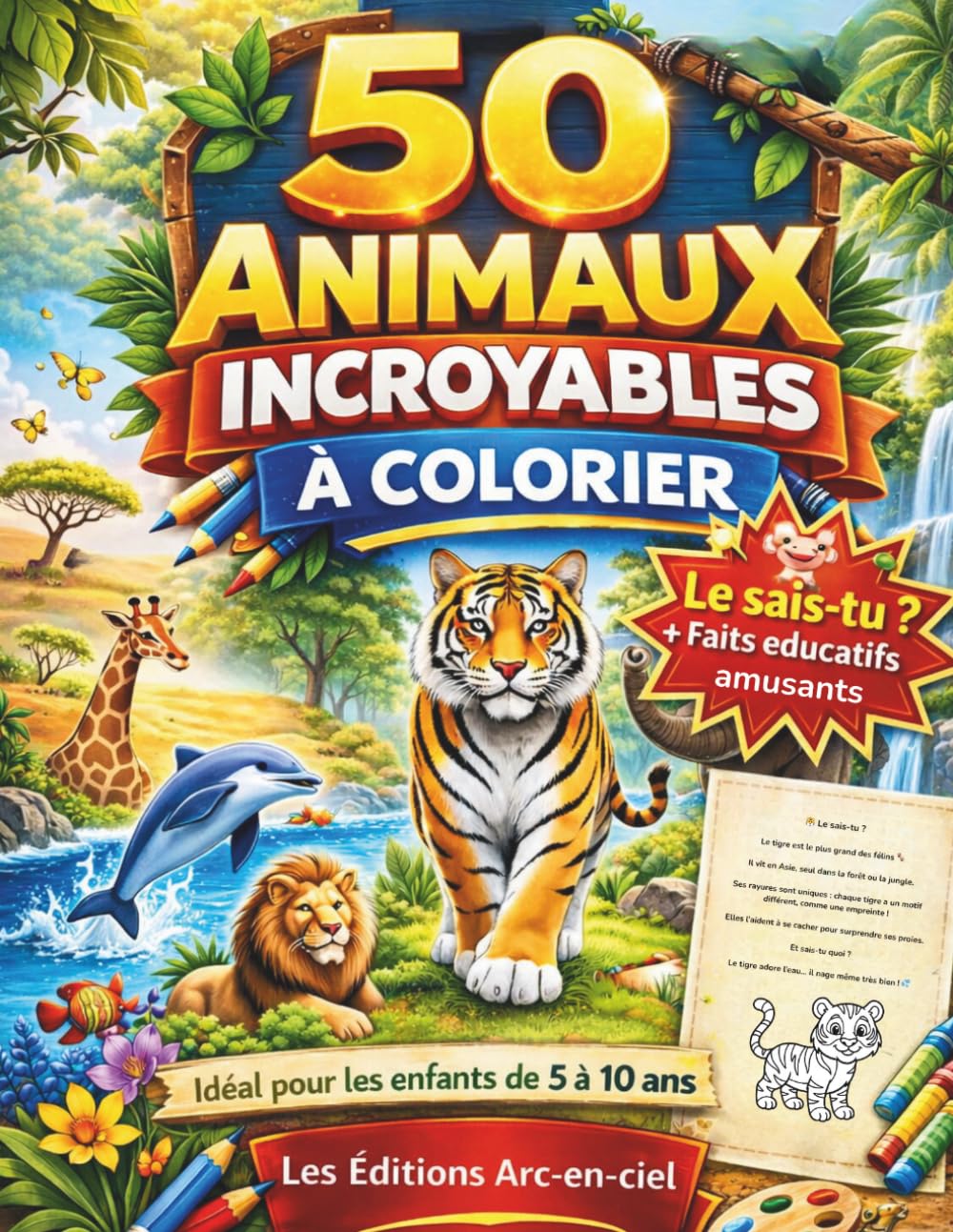 50 animaux incroyables à colorier: Livre de coloriage éducatif enfants 5–10 ans – Avec faits amusants “Le sais-tu ?” – Animaux du monde – Activité sans écran