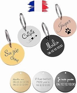 Médaille Chien et Chat avec gravure personnalisée - Gravure Laser En France - Etiquettes plaque d'identification pour animaux de compagnie avec Prénom Adresse Téléphone en acier inoxydable.