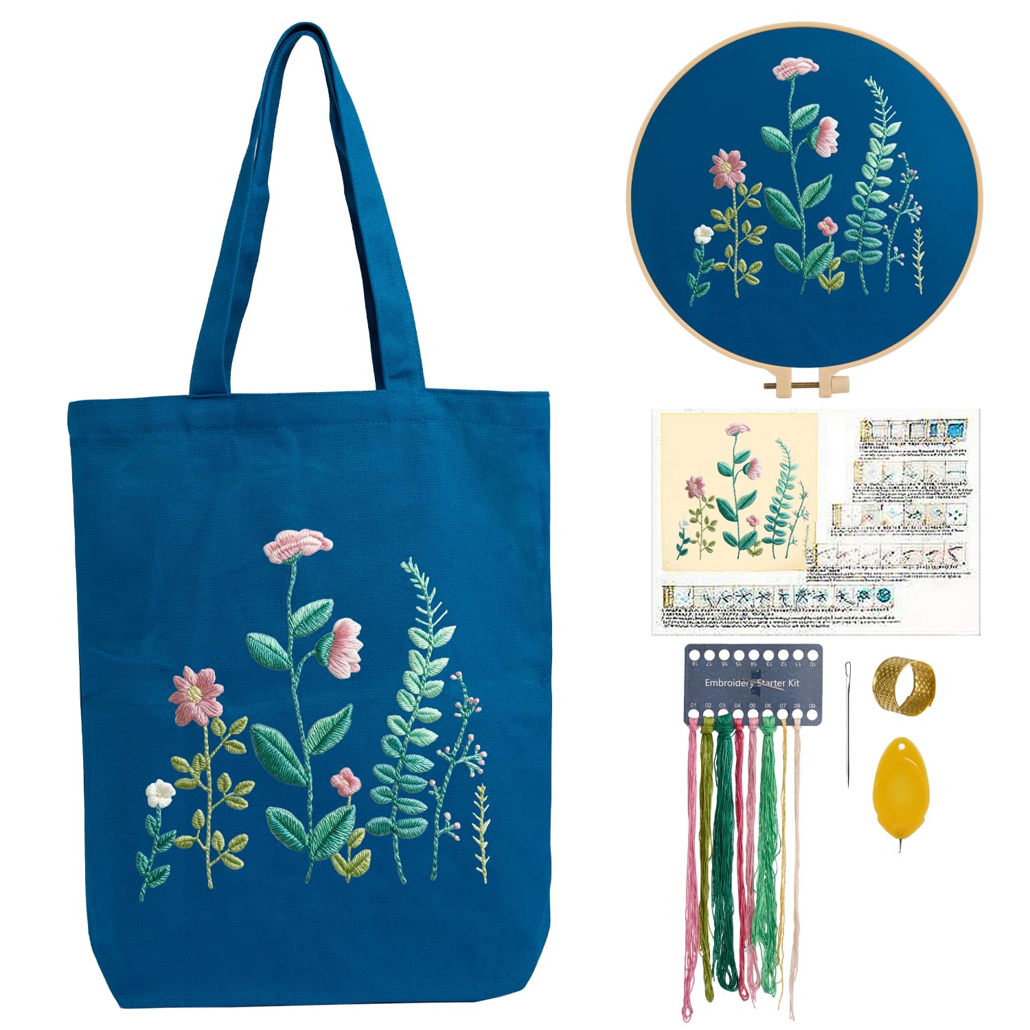 CREAWONDER Hand Embroidery Kits for Bag, Embroidery Kit Bag with Pattern for Beginners, Arts and DIY Embroidery Crafts Kits for Adults, Include Instructions, Embroidery Hoops, Color Threads and Tool