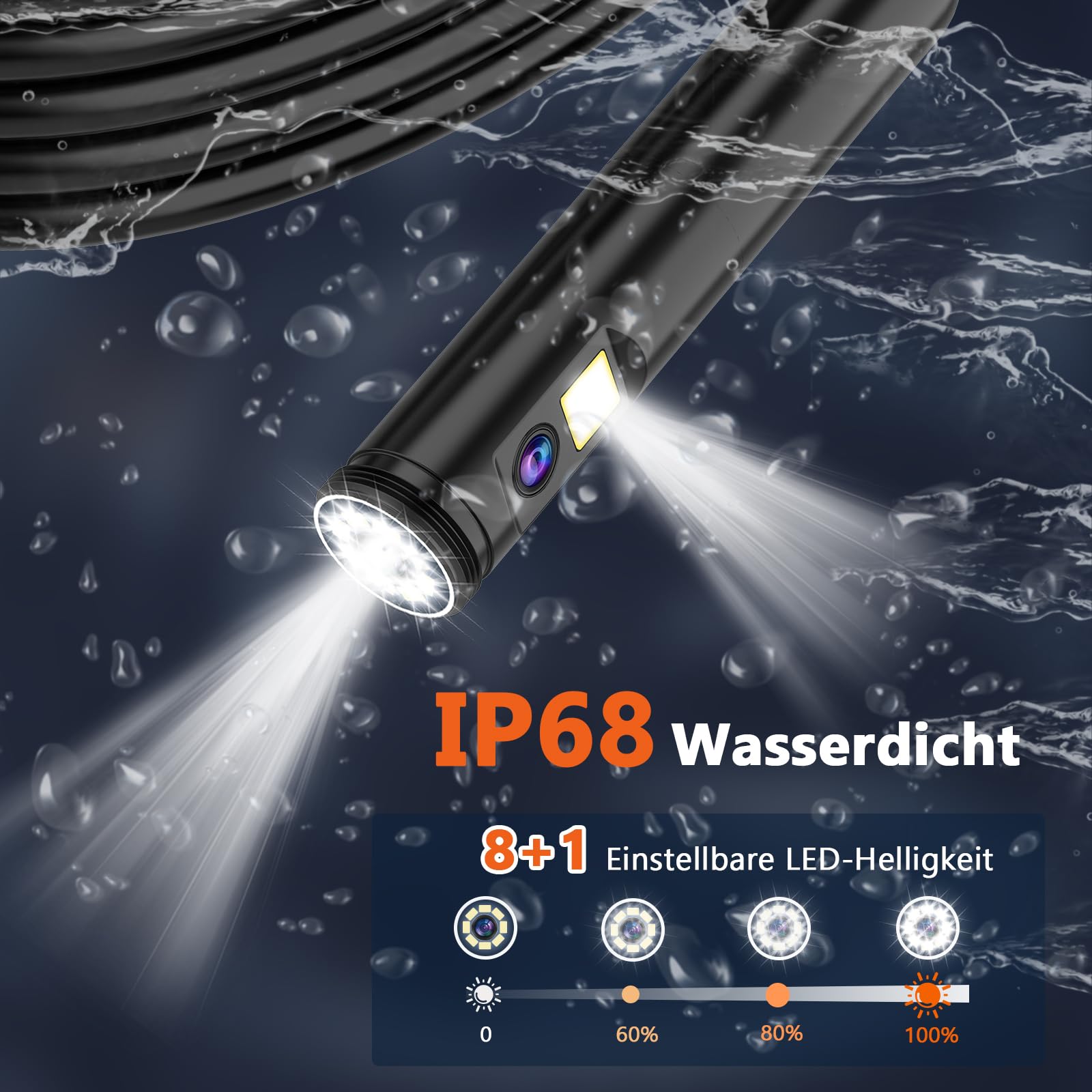 7" IPS Endoskopkamera mit Licht, 1920P HD Doppellinse - IP68 wasserdichte Inspektionskamera, 8+1 LED Rohrkamera, Halbstarres Kabel mit Taschenlampe, Auto, Rohre & Haus, Plug & Play - 5m/16ft