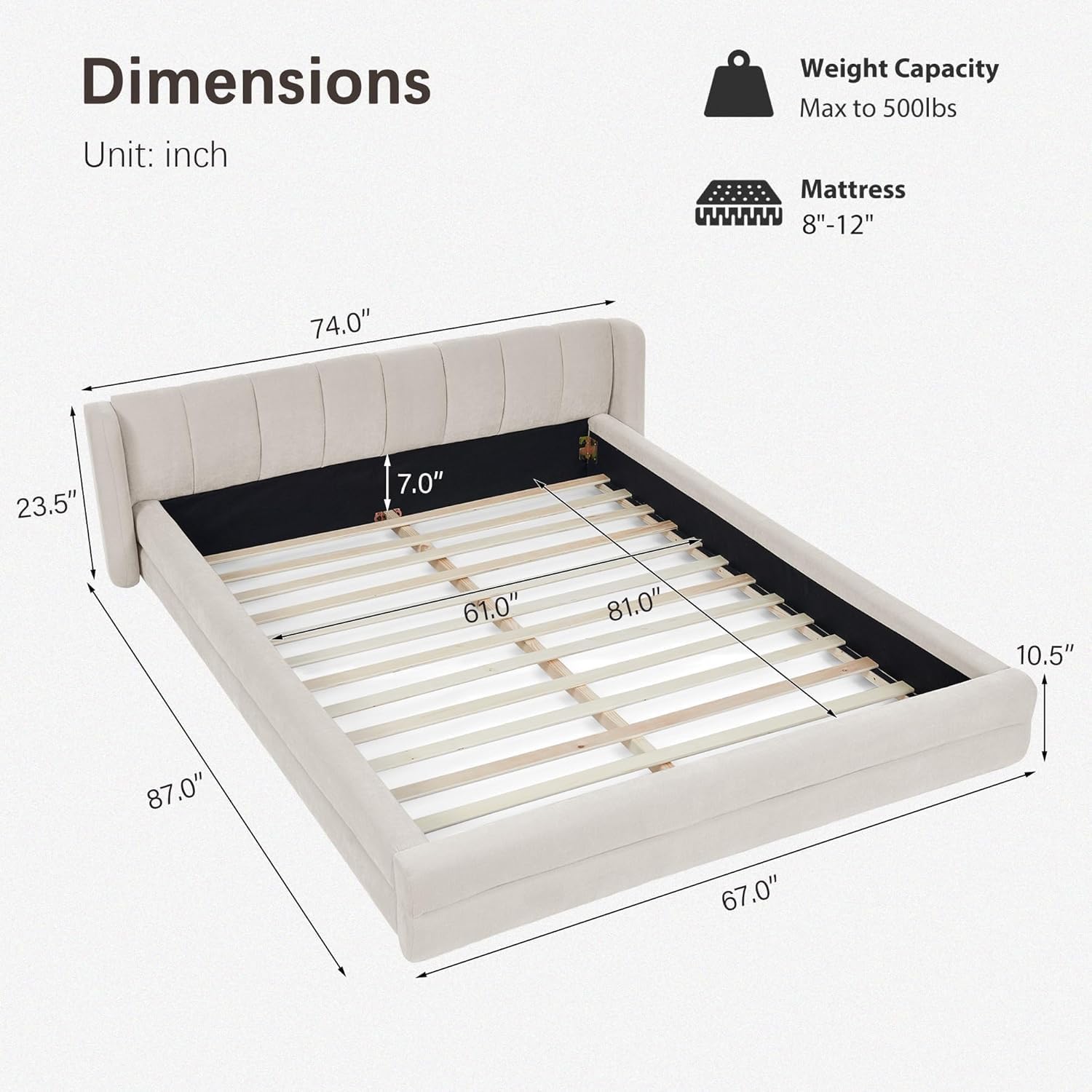 Queen Size Bed Frame with Cloud Soft Headboard, Chenille Upholstered Bedframe Grounded Wood Base Bed Frame, No Box Spring Needed, Beige