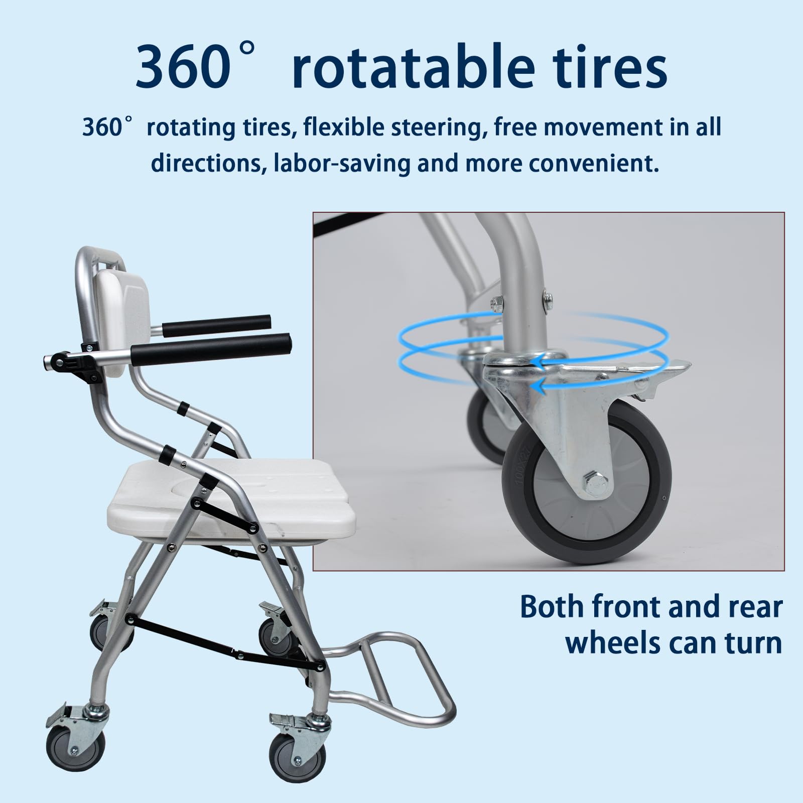 Taburete de Ducha Plegable con Ruedas para Personas Mayores | 120KG Silla de Ducha con Ruedas, Blanco Silla de Baño y Ducha Discapacitados con Reposabrazos y Respaldo