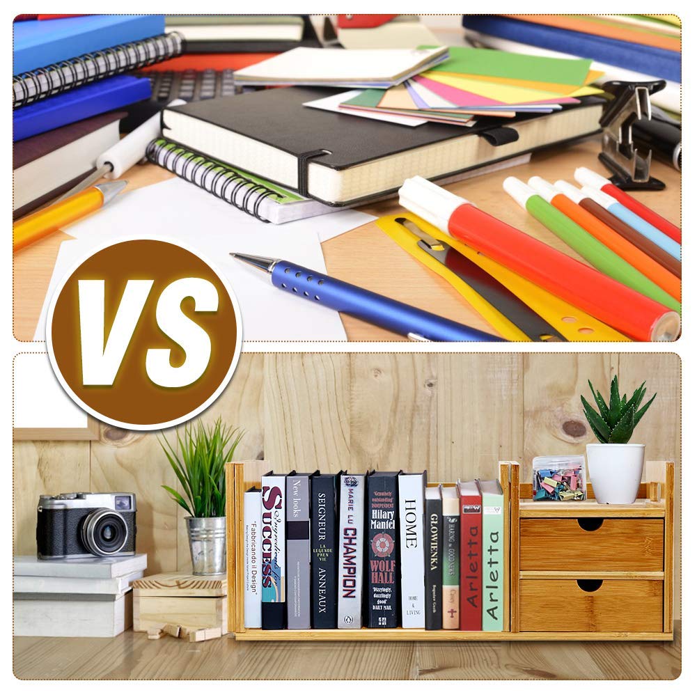 Bambus ausziehbares Schreibtisch-Bücherregal, verstellbar Holz, Schreibtisch-Organizer, Regal mit 2 Schubladen, natürliches Bambusholz Regalregal, DIY Mini Book Case mit 2 Schubladen