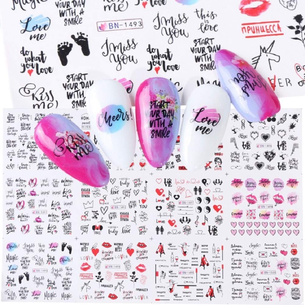 12 diseños de calcomanías de Agua, Letras Negras, Pegatinas de Transferencia para uñas, Deslizador de lámina de corazón de Amor, Arte de uñas DIY, Puntas Decorativas