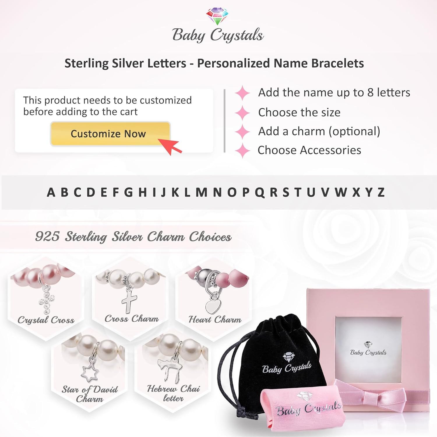 Baby Crystals Customized Name Bracelets for Girls and Boys, Sterling silver Jewelry, Alphabet Letter Charm Bracelet Personalized Baby Gifts, Birthday Gift for Women, Newborn, infant Toddler, Teen - Image 2