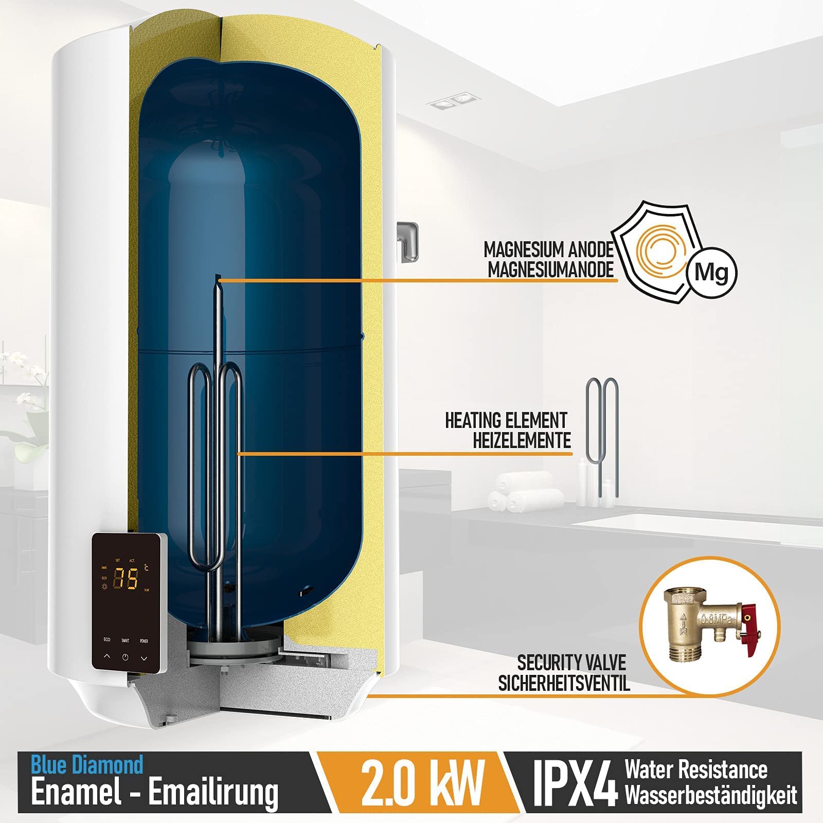 Aquamarin® Inteligentny elektryczny zbiornik ciepłej wody – 50 litrów, 2 kW, wiszący na ścianie, Smart, EEK B, emaliowany pojemnik wewnętrzny, inteligentny bojler, podgrzewacz wody, akumulator