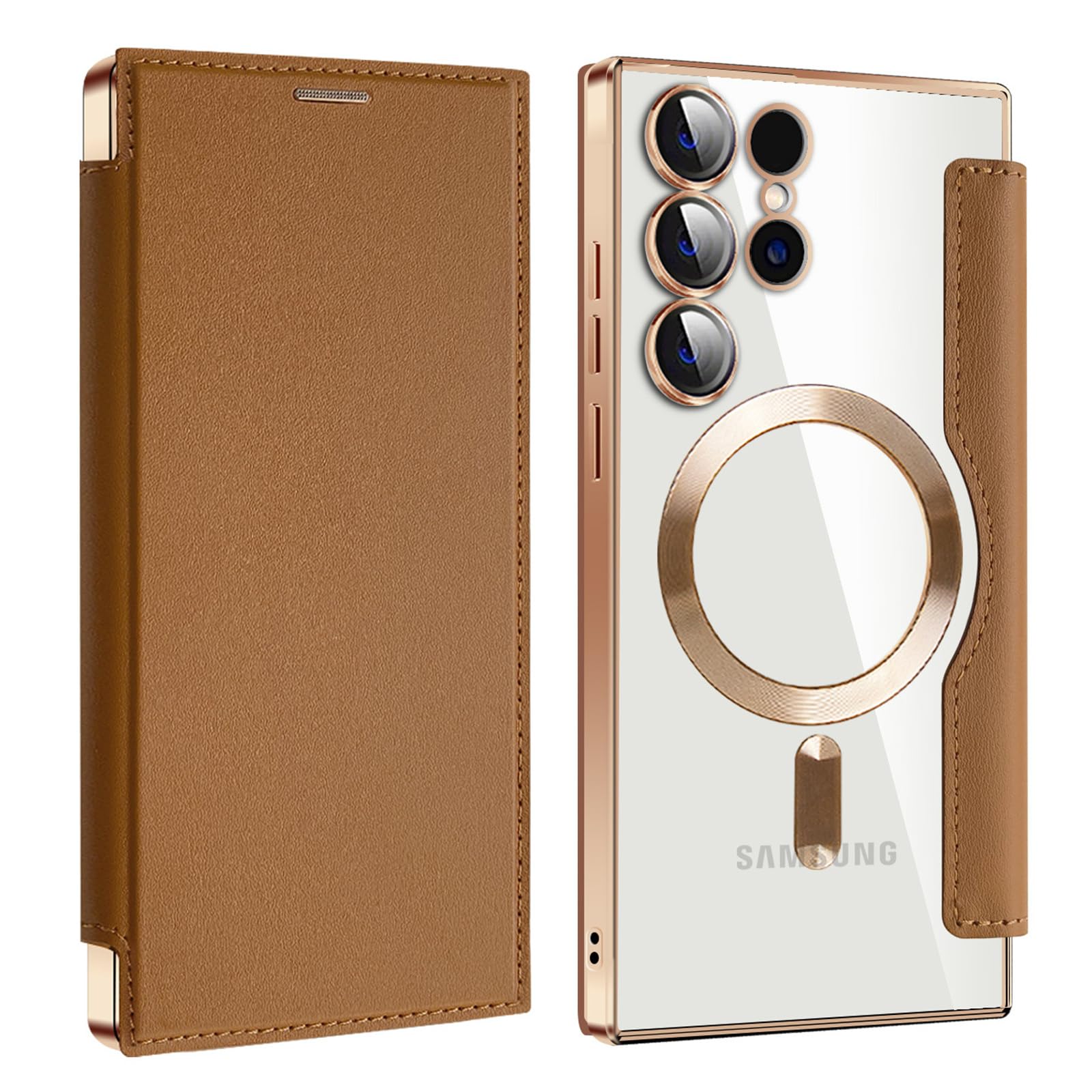 Brieftaschen-Hülle für Samsung Galaxy S22 Ultra/S22 Plus/S22, [kompatibel mit MagSafe], vergilbungsfreie Lederhülle, kristallklare Hülle mit Kartenhalter, Kameraschutz