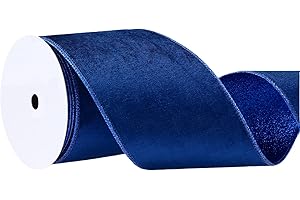 4 Inch Velvet Ribbon Wired, 10 Yards Metallic Blue Ribbon for Crafts