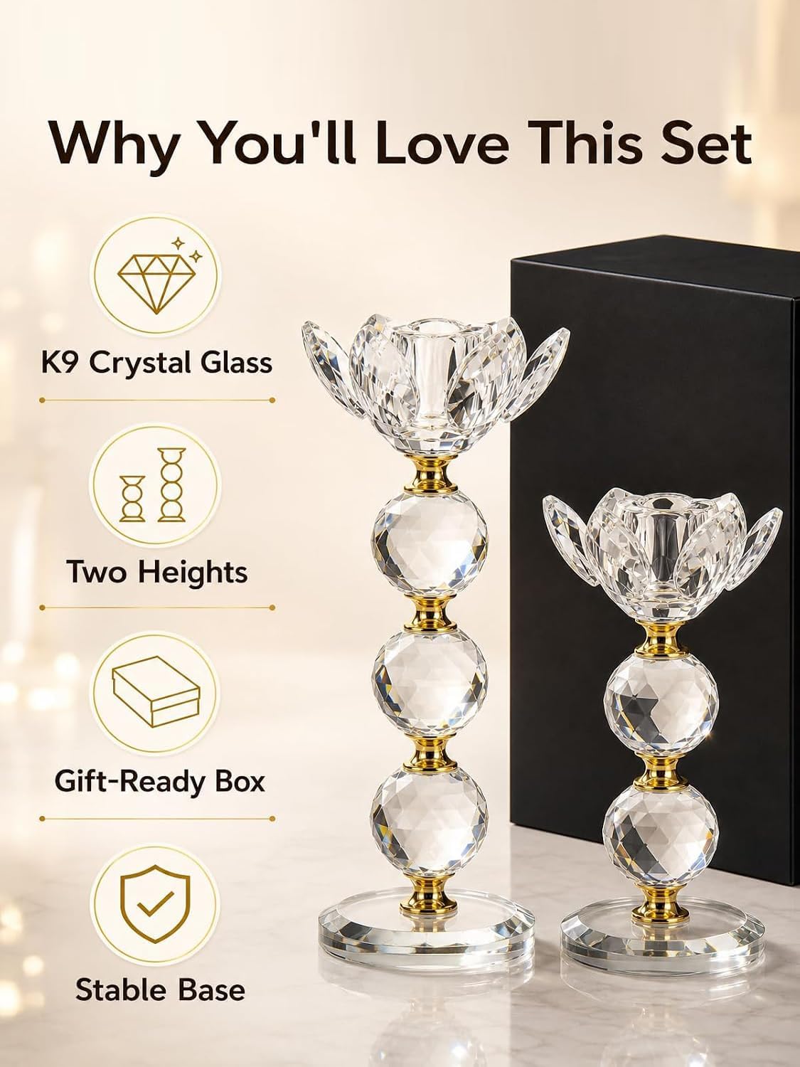 Harukaze K9 Crystal Glass Taper Candle Holders Set of 2, Gold-Tone Candlestick Holders for Table Centerpiece, Wedding, Mantel, Home Decor, Gift Box, 6.2 and 7.9 Inch