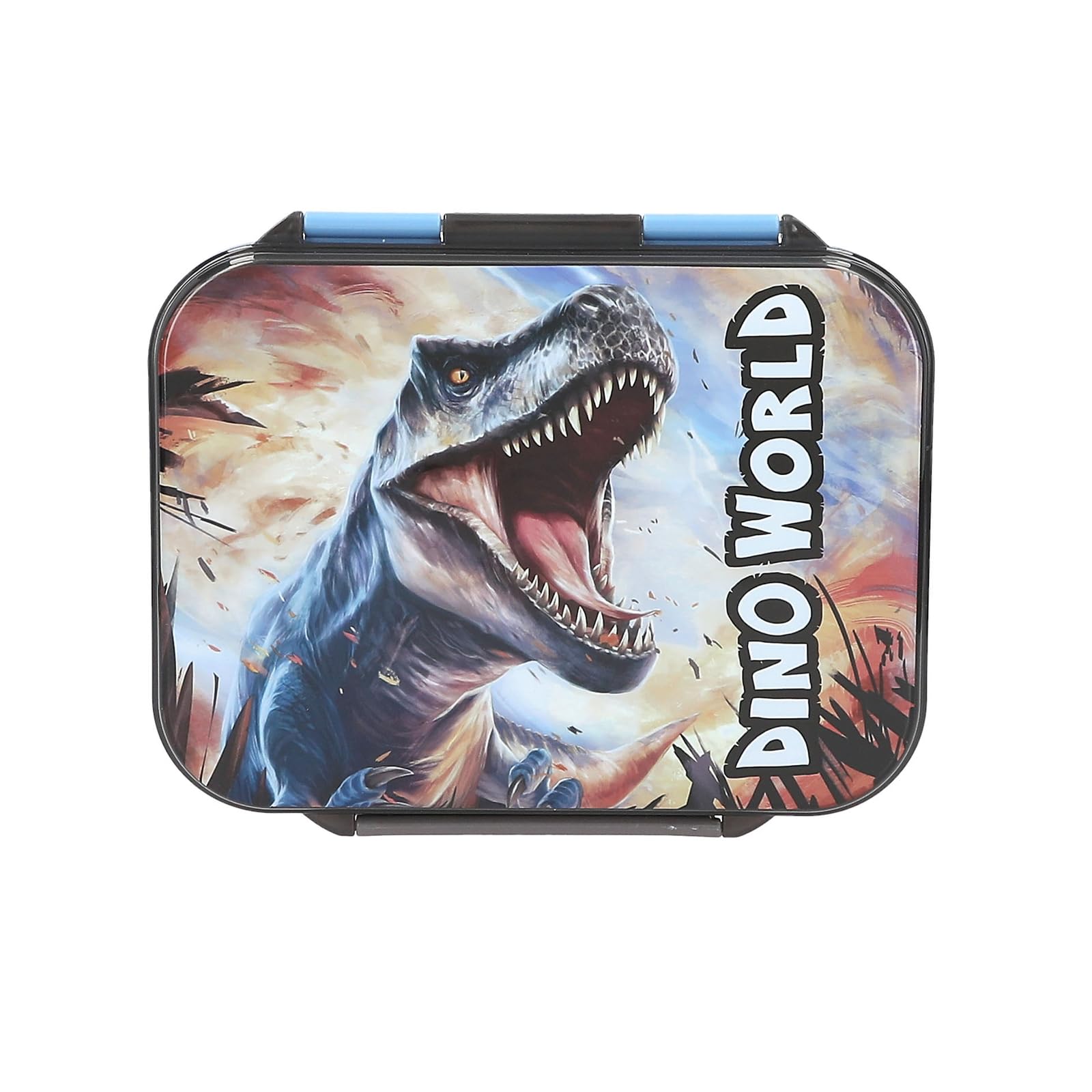 Depesche 13987 Dino World Lunch Box in Blue, with Dinosaur Motif and Fire Background, Lunch Box with 3 Compartments and Flexible Divider