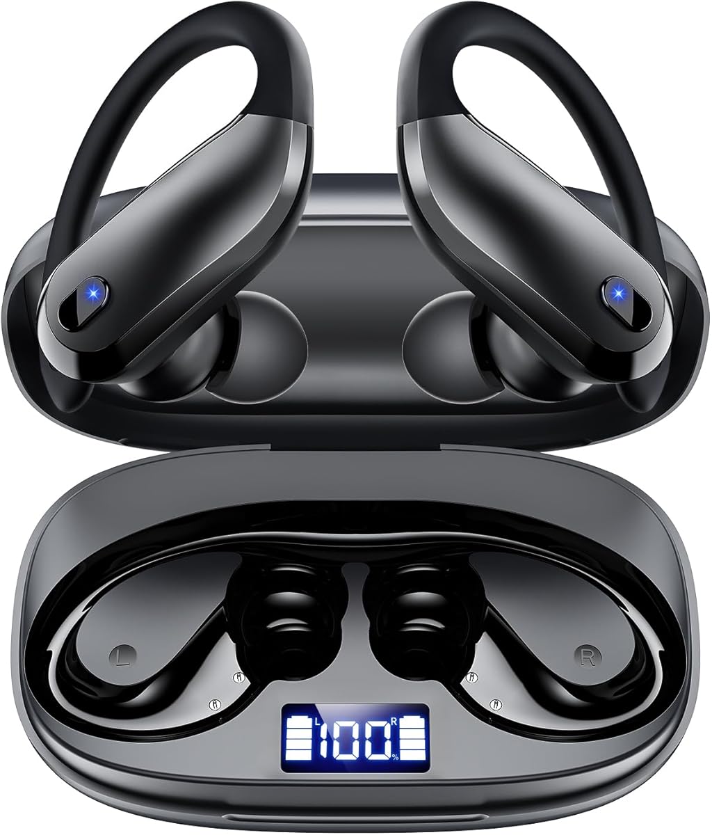 Wireless Earbuds Bluetooth 5.3 Sport Headphones with Earhooks,IPX7 Waterproof Earphones,48H Playtime Earbuds,Lightweight 7.8g,Noise Cancelling Mic Bluetooth Headphones for Running & Workout-Black