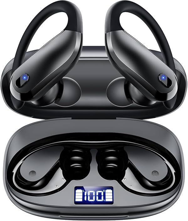 Audífonos inalámbricos Bluetooth 5.4 con ganchos de oreja, para deporte | IPX7 a prueba de agua para correr, 80H de reproducción, cancelación de ruido, para gimnasio – negro