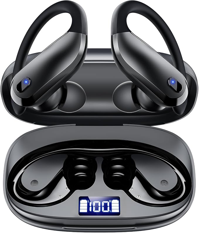 Wireless Earbuds Bluetooth 5.3 Sport Headphones with Earhooks,IPX7 Waterproof Earphones,48H Playtime Earbuds,Lightweight 7.8g,Noise Cancelling Mic Bluetooth Headphones for Running & Workout-Black