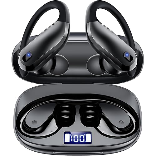 Wireless Earbuds Bluetooth 5.3 Sport Headphones with Earhooks,IPX7 Waterproof Earphones,48H Playtime Earbuds,Lightweight 7.8g,Noise Cancelling Mic Bluetooth Headphones for Running & Workout-Black