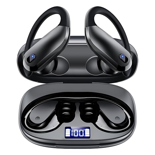 Wireless Earbuds Bluetooth 5.3 Sport Headphones with Earhooks,IPX7 Waterproof Earphones,48H Playtime Earbuds,Lightweight 7.8g,Noise Cancelling Mic Bluetooth Headphones for Running & Workout-Black