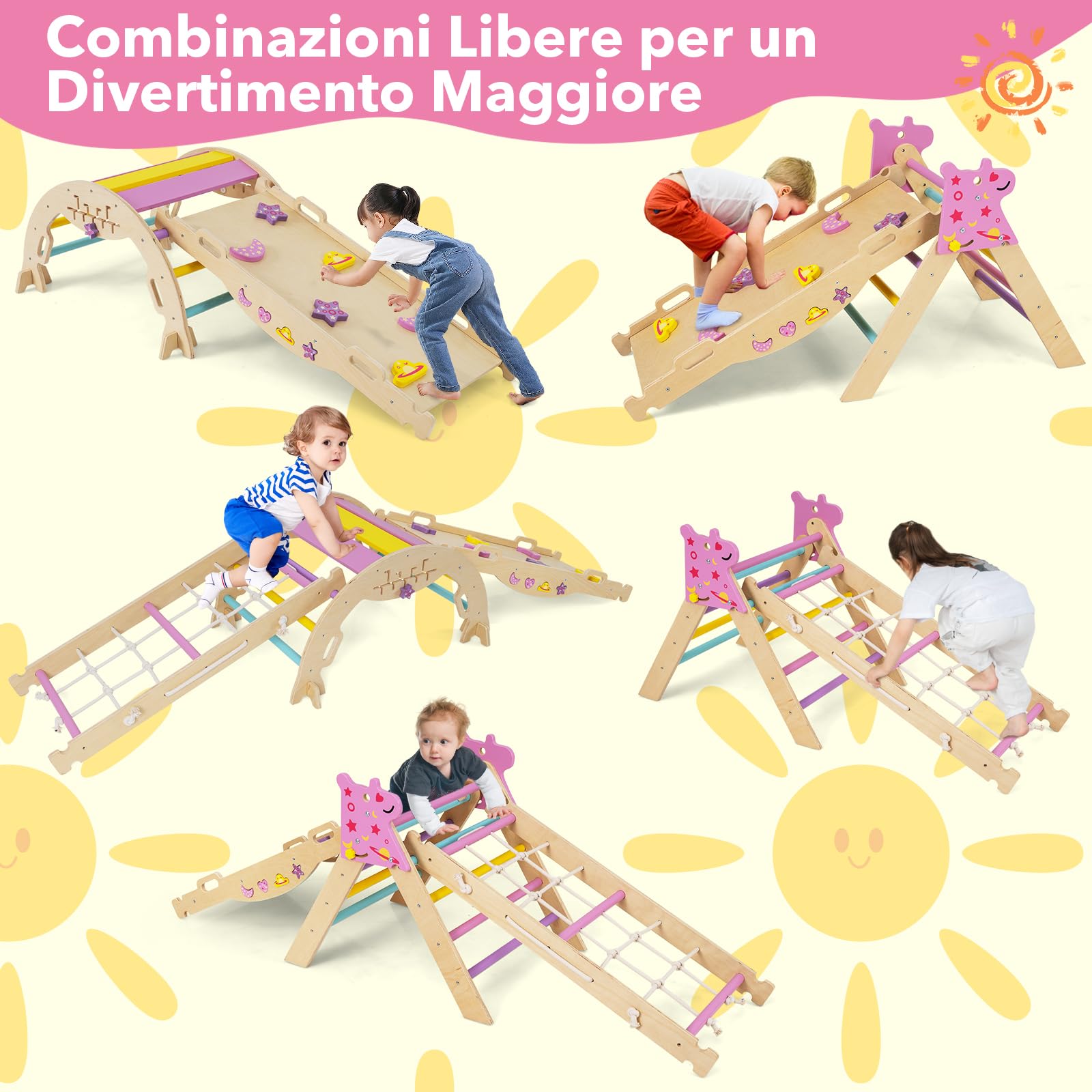 RELAX4LIFE Set da Arrampicata per Bambini, Triangolo di Arrampicata con Scivolo e Arco, Gioco di Incastri in Legno, Gioco Montessori per Bambini 1+ Anni (Unicorno-4 Pezzi | Macaron)