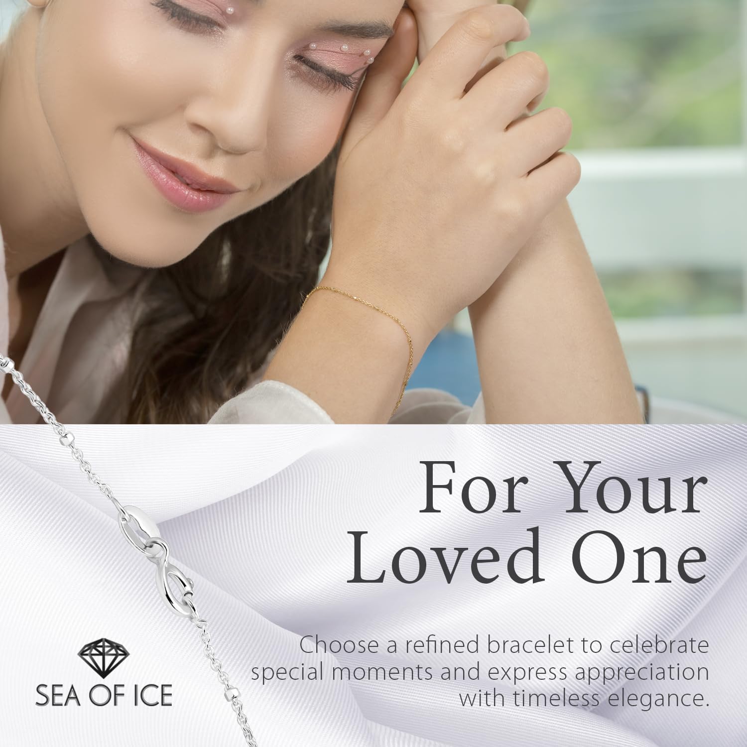 SEA OF ICE Sterling Silver 1mm Diamond-Cut Bead Station Rolo Chain Bracelet for women, Size 7.25" - Image 7