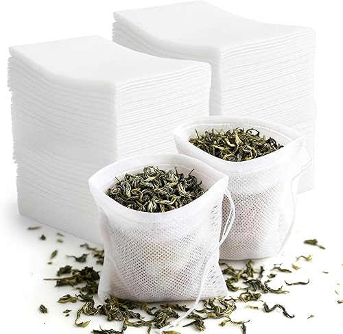 Miniatura 8 de TamBee Paquete de 100 bolsas de filtro de té desechables vacías de muselina con cordón, bolsas de té sueltas con cordón para hierbas (1.97 x 2.76