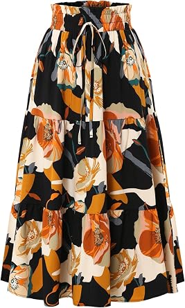 Womens Floral Tiered Midi Skirt Elastic Waist Dressy Casual A-line Summer Boho Skirts