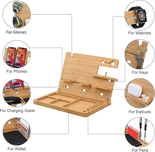 Miniatura 2 de AeroShelf Estación de carga de mesa de noche de madera organizador de mesita de noche para hombres soporte plegable para teléfono celular para