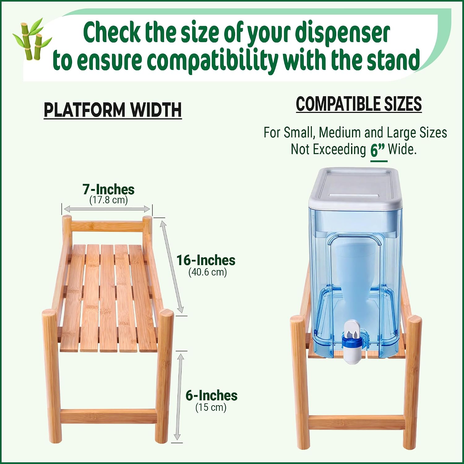 Water Dispenser Stand - Compatible with Small-Medium Drink Filter Dispensers, Pitchers - Ideal for Countertops, Lemonade Stands, Parties - Long-lasting Natural Bamboo
