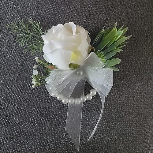 Miniatura 6 de WEISPARK Juego de ramillete de muñeca y boutonniere de rosa marfil, pulsera y boutonniere para hombre, accesorios de flores de boda blancas,