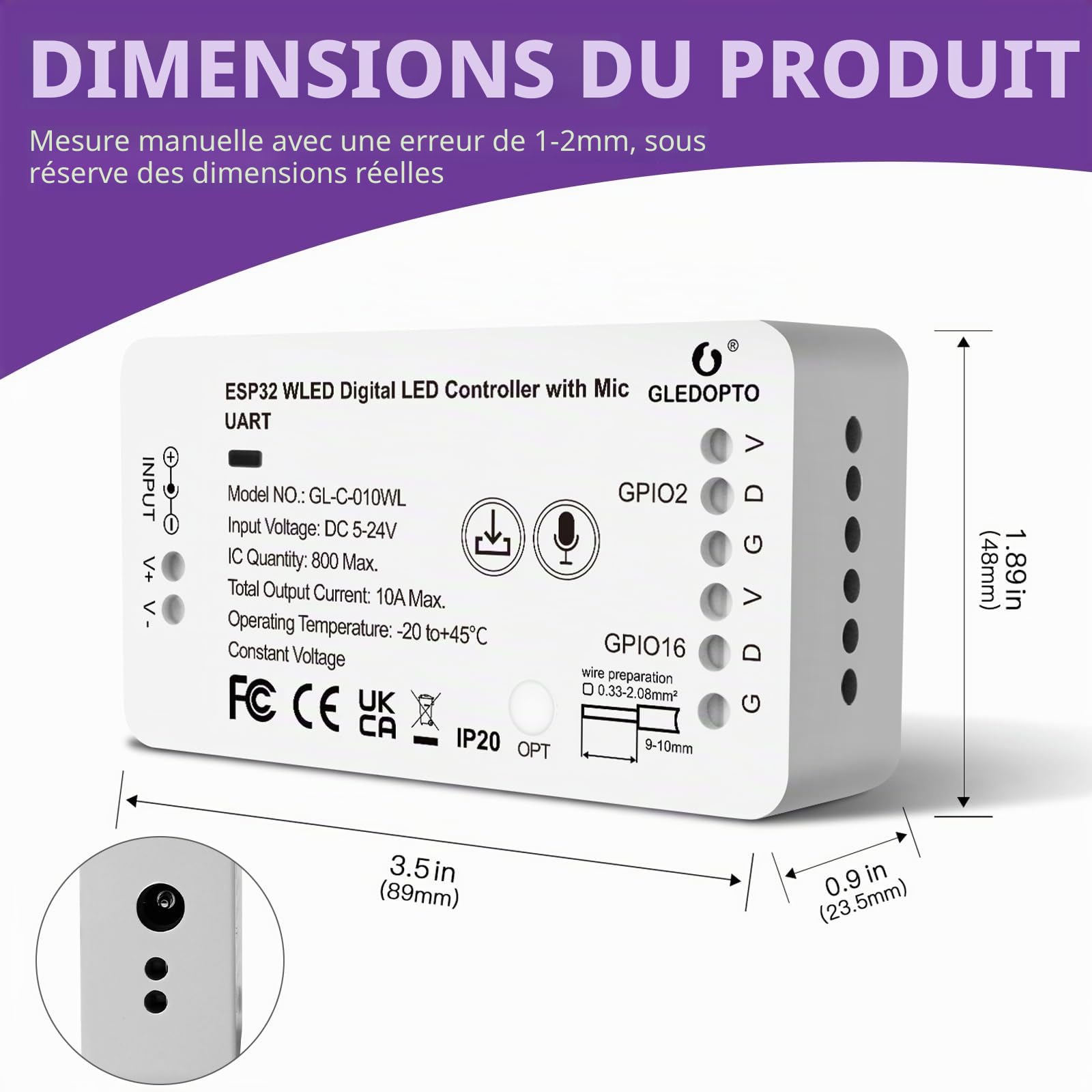 Wled ESP32 WLED Digital Strip Light Controller with MIC Function GL-C-010WL-D Réglable Band with Micro Télécharger WS2811 2812B 2813 2815/GS8208/SM16703P SK6812/TM1814