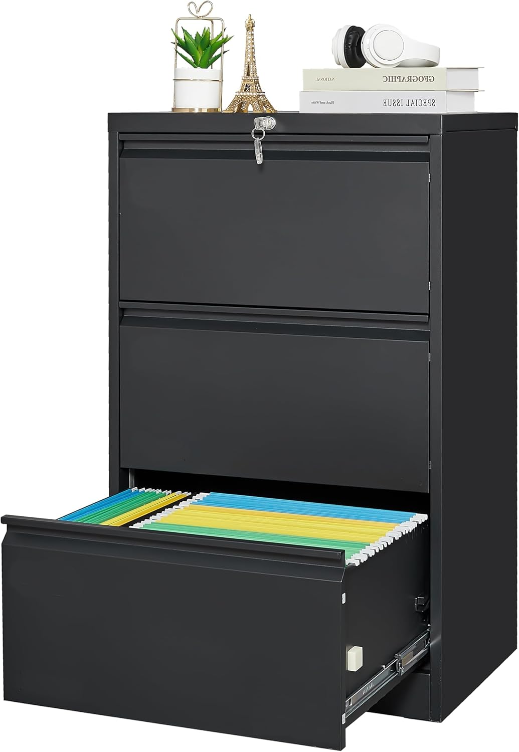 GAOMON Steel File Cabinet with Lock - Heavy Duty Filing Cabinet with 3 Drawer, Office Home Black Horizontal File Cabinets, Wide Drawers for Legal, Letter, F4, A4 Size Storage