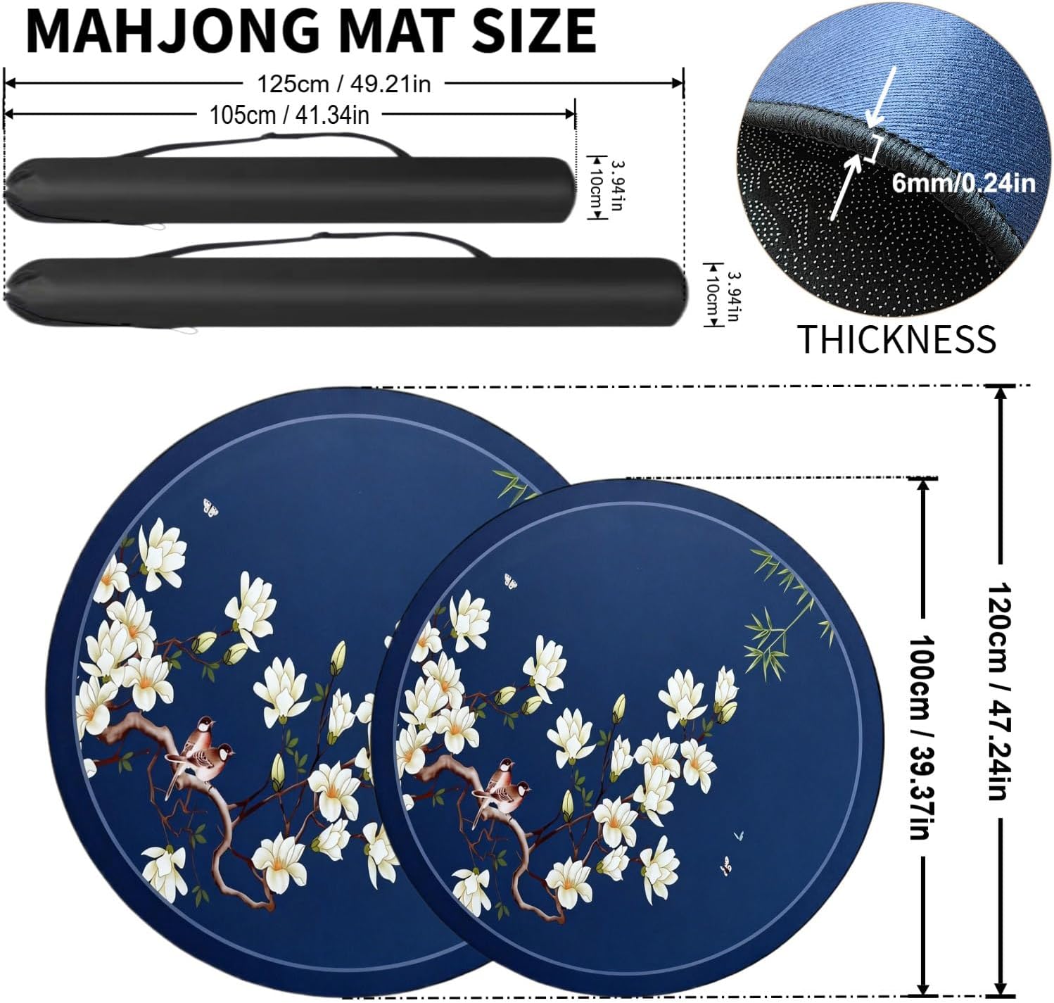 Round Mahjong Mat 47 Inch, Non-Slip Table Topper with Rubber Backing, Large Playmat for Poker, Cards, and Board Games (Blue,120cm)
