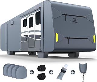 Fonzier 6 Layers Class A RV Cover Heavy Duty Camper Cover for 34'-38' Motorhome Anti-UV, Rip-Stop, Breathable with 2Pcs Extra Straps & Gutter Spout Covers & Tire Covers