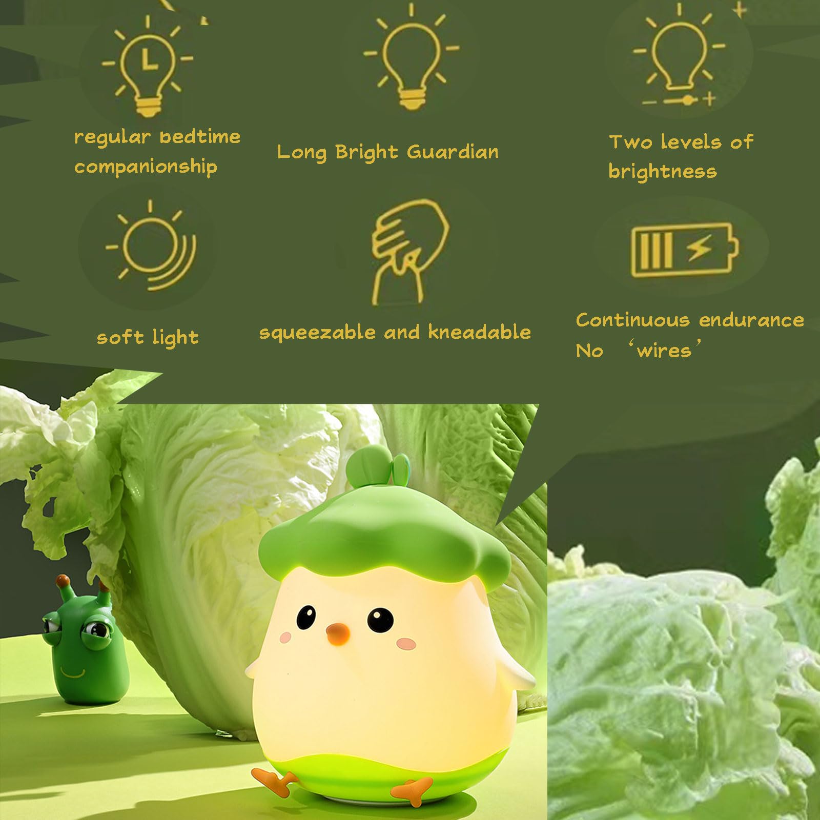 Lámpara de noche plato de pollo pequeño Kiri de silicona con luz nocturna para dormir, regalo de vacaciones, mini adornos pequeños, luz recargable por USB (verde pollito)