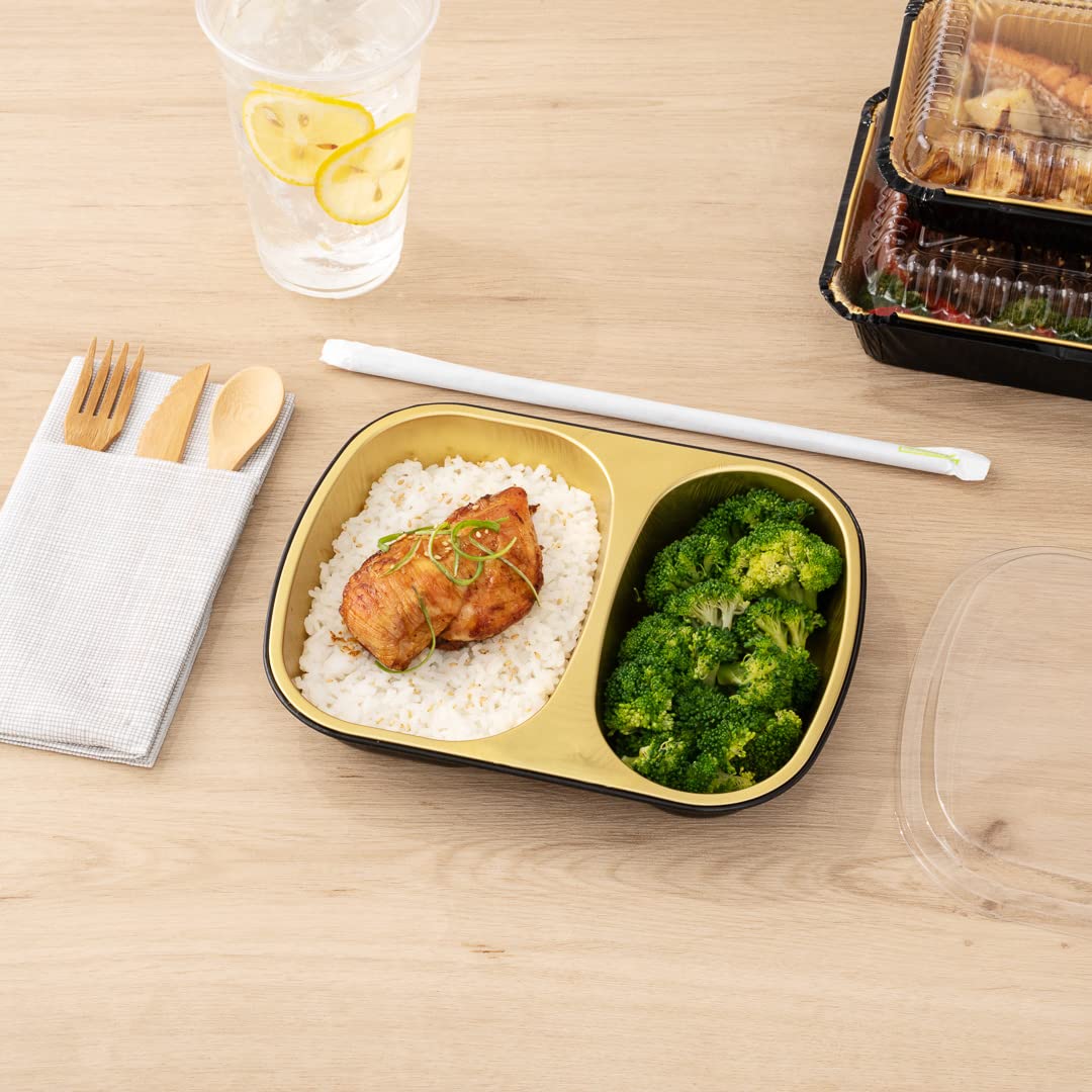 Restaurantware Foil Lux - Recipientes de aluminio para alimentos de 28 onzas, 100 bandejas rectangulares de aluminio, las tapas se venden por separado, 2 compartimentos, recipientes de aluminio negro
