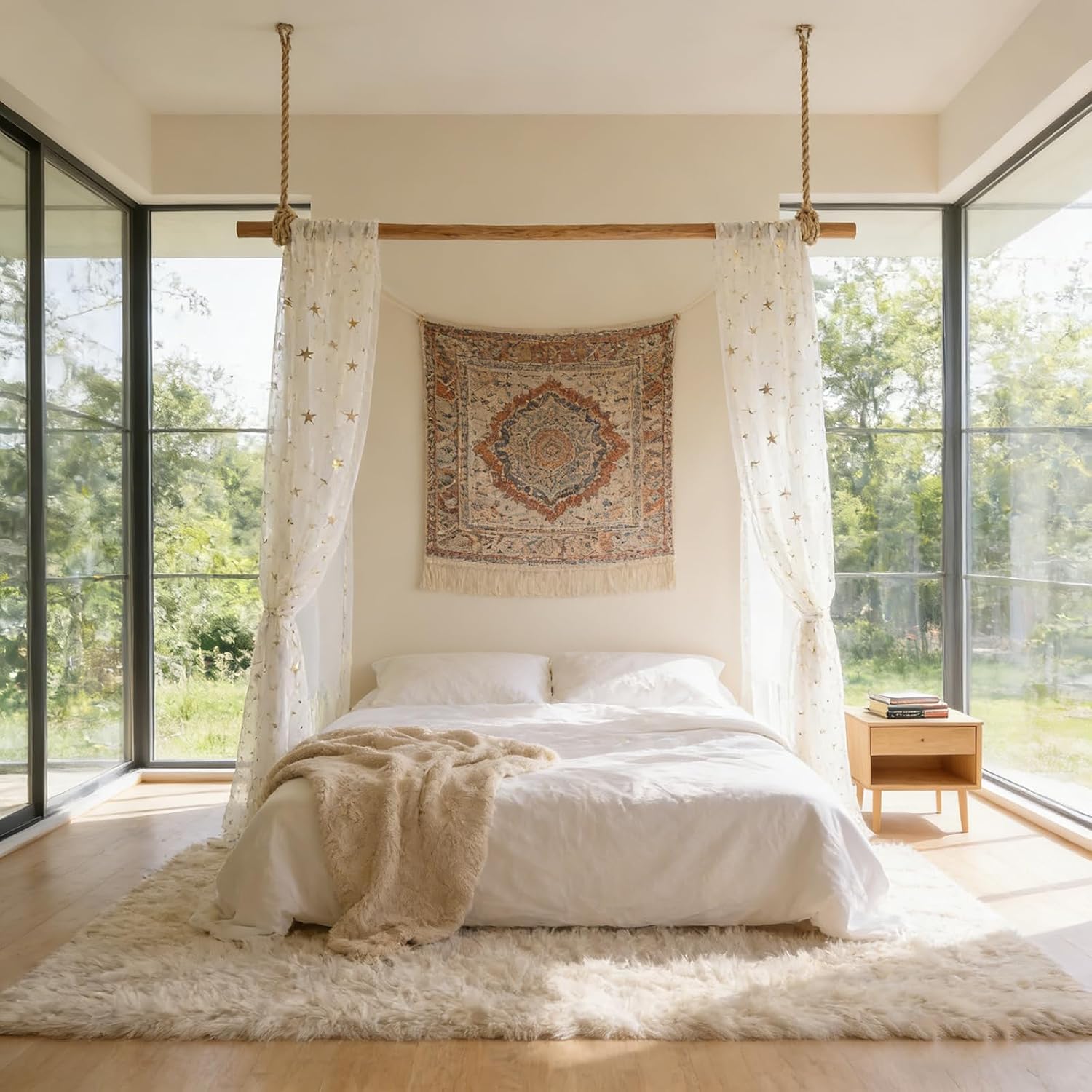 White Sheer Canopy Bed Curtains for Twin Montessori House Floor Bed | Elegant Stars Moon Pattern Tulle Curtains, Soft Breathable Dreamy Princess Canopy Drapes for Kids Girls Room Decor