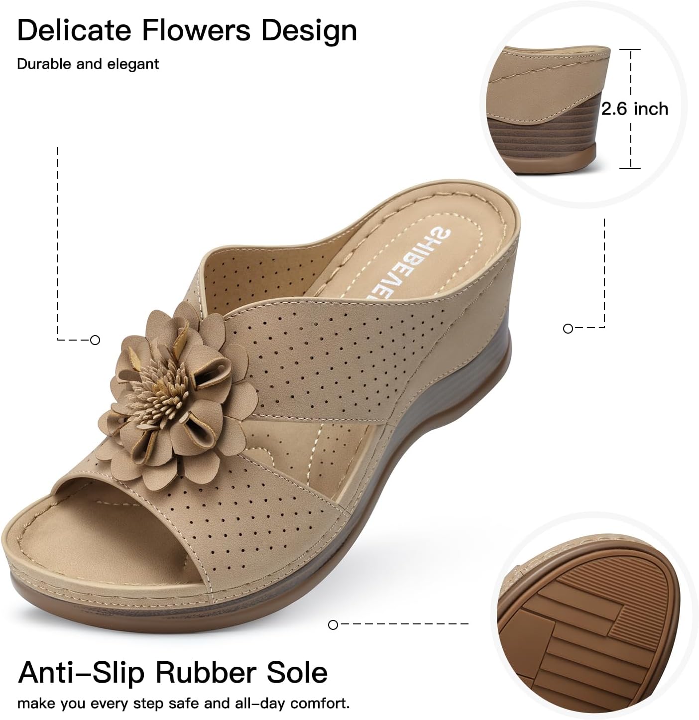 SHIBEVER Womens Wedge Sandals Dressy: Arch Support Slip-On Comfortable Summer Sandals Open Toe Flower Casual Platform Shoes Size 5-11