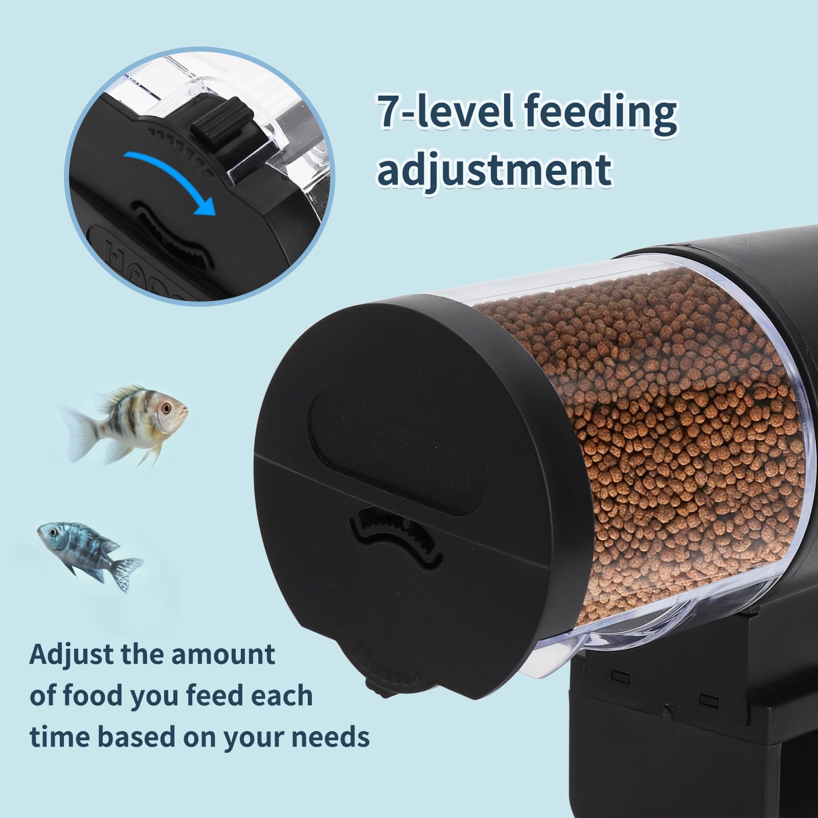 Distributeur Automatique Nourriture Poissons Aquarium,100ml, 7 Niveaux Minuterie 12/24h - Ultra Silencieux Fonctionne à Piles Installation Facile pour Maison et Bureau(Aucune Pile Incluse)