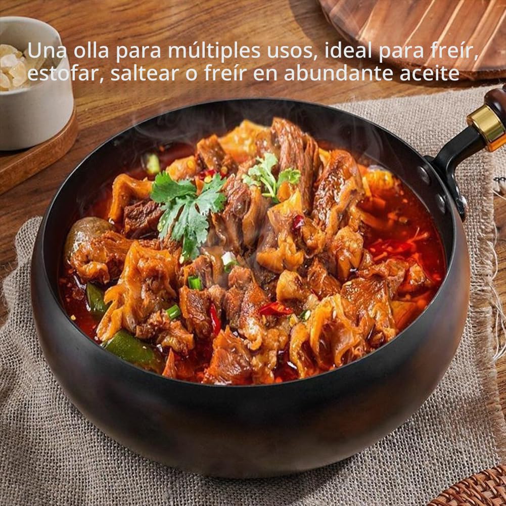 Japanese Iron Pan, 24/28cm Uncoated Iron Pans, Sartén de Hierro Antiadherente Forjada a Mano, sin Revestimiento, Sartén Grande con Tapa de Madera, para Cocinas (Tapa de madera, 24cm)