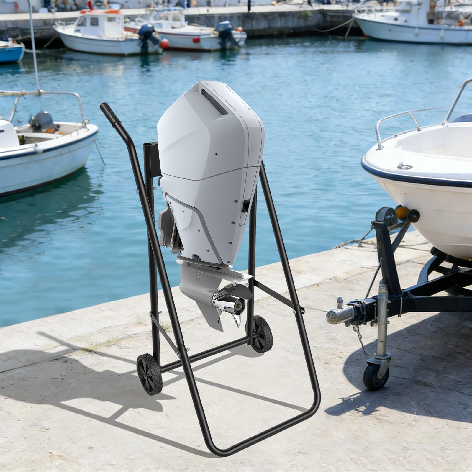 Carrello da trasporto pieghevole per fuoribordo, portata 40 kg, supporto per motore barca con ruote solide (15 cm), robusto carrello motore per officina e dock, accessorio pieghevole per barche
