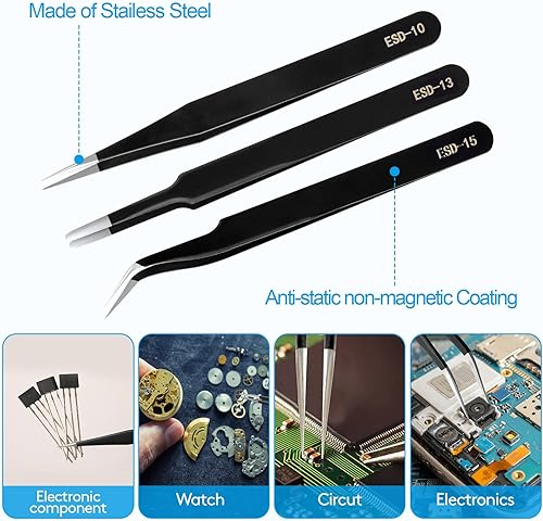 Miniatura 5 de YHYZ Juego de 3 pinzas de precisión, pinzas precisas de acero inoxidable antiestáticas mejoradas (finas, curvas, planas), perfectas para